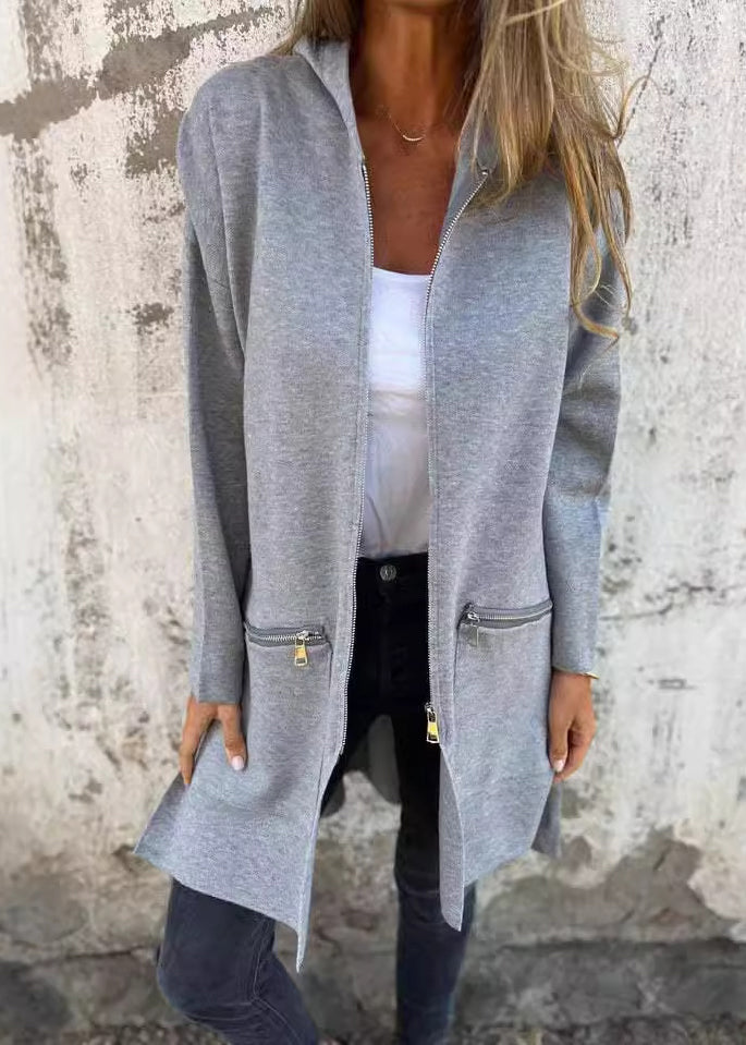 Black Zip Up Pockets Cotton Hooded Coats Fall