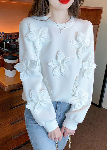 New White Patchwork Cotton T Shirt Fall