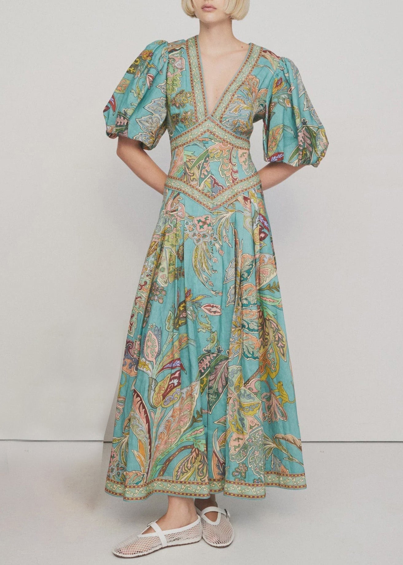 Green V Neck Print Slim Fit Cotton Dresses Lantern Sleeve