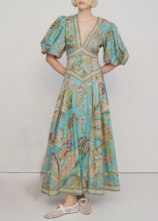 Green V Neck Print Slim Fit Cotton Dresses Lantern Sleeve