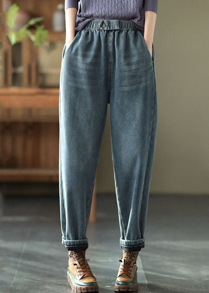 Denim Blue Elastic Waist Pockets Thick Warm Fleece Harem Pants Winter