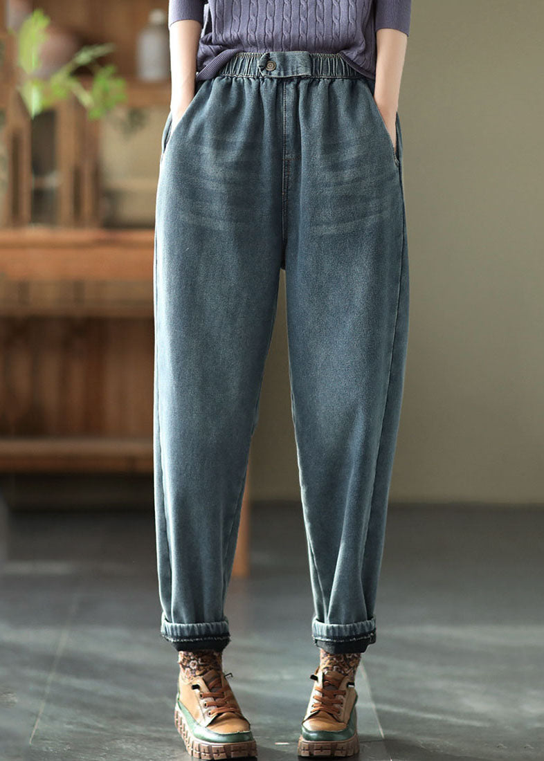 Denim Blue Elastic Waist Pockets Thick Warm Fleece Harem Pants Winter