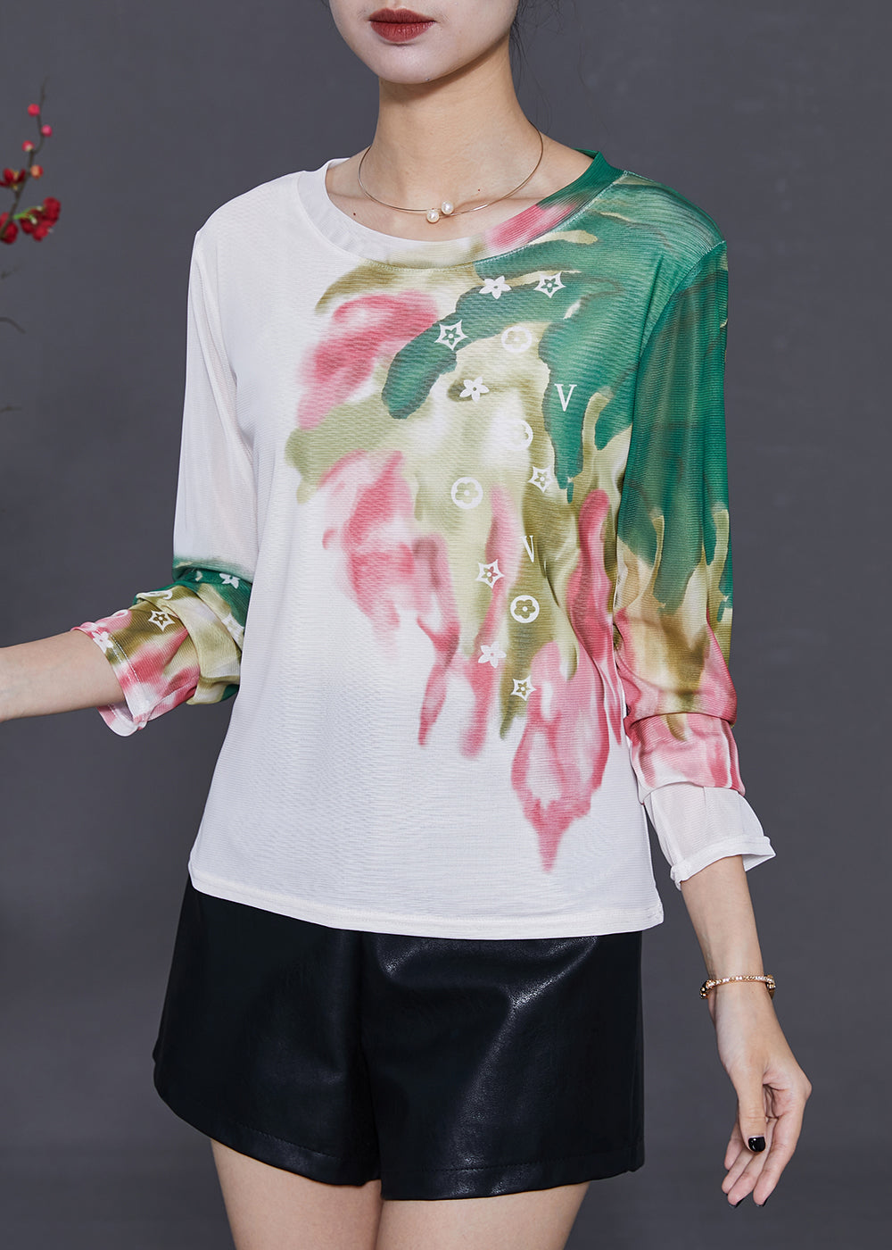 White Print Tulle Blouse Tops Summer
