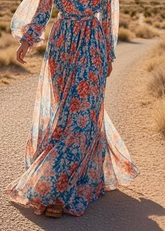 Print Wrinkled Tunic Chiffon Maxi Dresses Spring