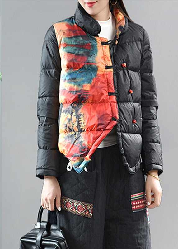 Red Stand Collar Pockets Print Asymmetrical Design Winter Down Coat