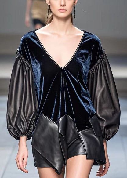Dark Blue Asymmetrical Patchwork Faux Leather Silk Velour Tops Fall