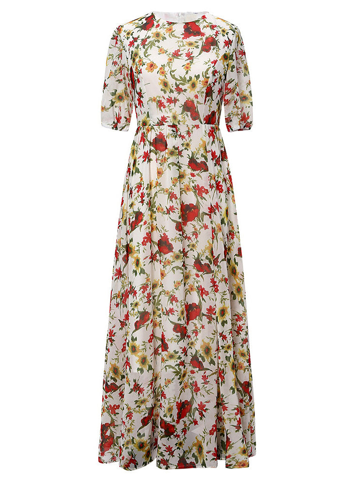 O Neck Print High Waist Cotton Long Dress Summer