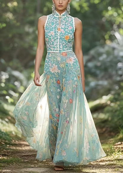 Style Green Mandarin Collar Chiffon Party Dress Sleeveless