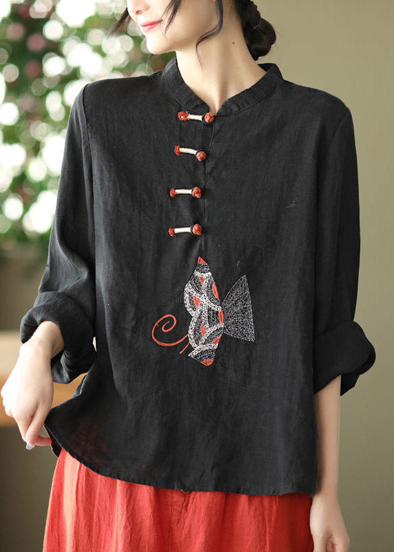Boutique White O-neck Embroidered Button Linen Shirt Long Sleeve