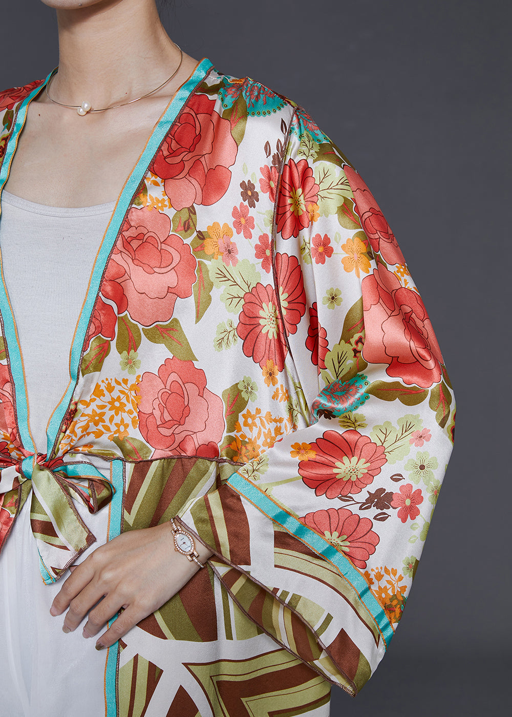 Pink Print Lace Up Silk Cardigan Summer