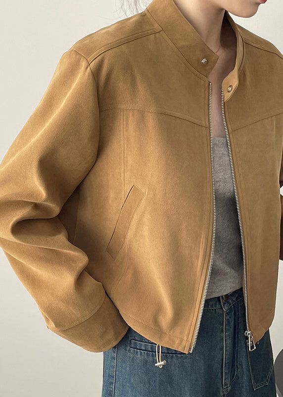 Brown Stand Collar Zippered Faux Suede Coats Fall