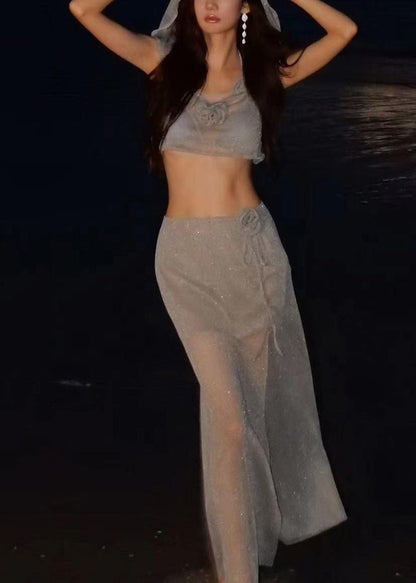 Little Grey Sequins Hooded Top and Maxi Skirts Lingerie Set