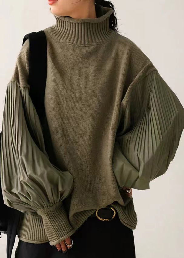 Army Green Hign Neck Wrinkled Patchwork Knitted Tops Lantern Sleeve