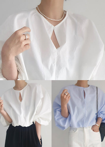 French White Oversized Cotton Shirt Tops Lantern Sleeve