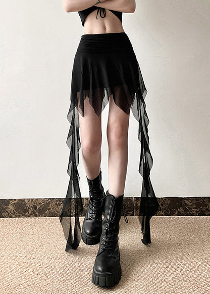 French Tulle Patchwork Ribbon High Waisted Asymmetrical Skirts
