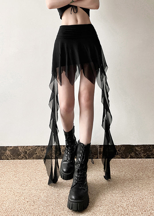 French Tulle Patchwork Ribbon High Waisted Asymmetrical Skirts