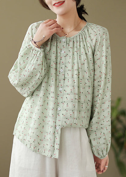 Green Oversized Print Cotton Blouses Fall
