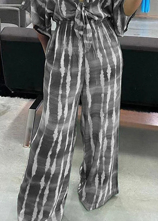 New Green V Neck Print Lace Up Cotton Jumpsuits Summer