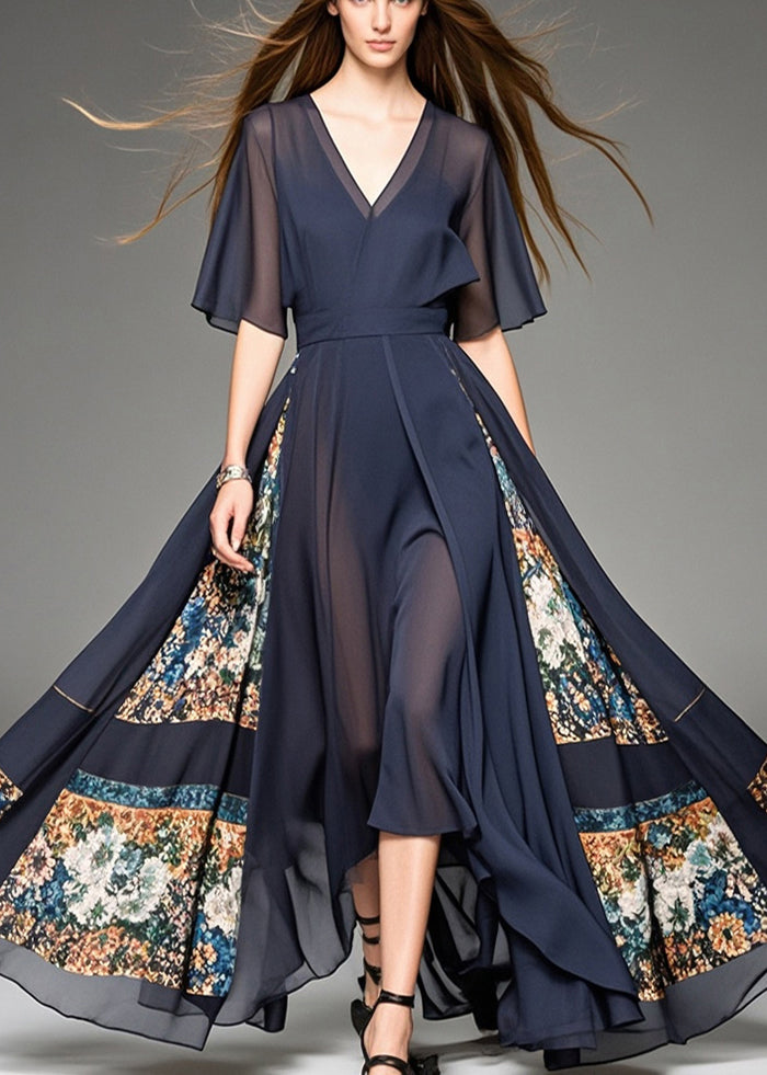 Black Patchwork Print Chiffon Long Dresses Cinched Summer