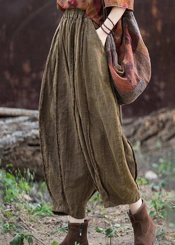 Coffee Pockets Patchwork Linen Crop Pants Summer