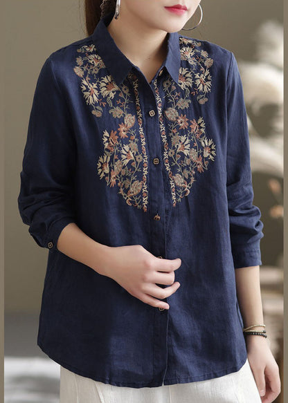 Navy Linen Shirt Top Turn-down Collar Embroidered Spring