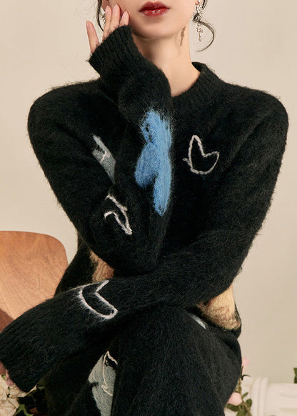 Simple Black Stand Collar Print Butterfly Cozy Cotton Knit Sweater Tops Spring