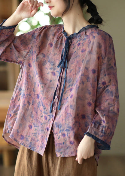 Purple O-neck Ruffled Button Ramie Shirts Spring