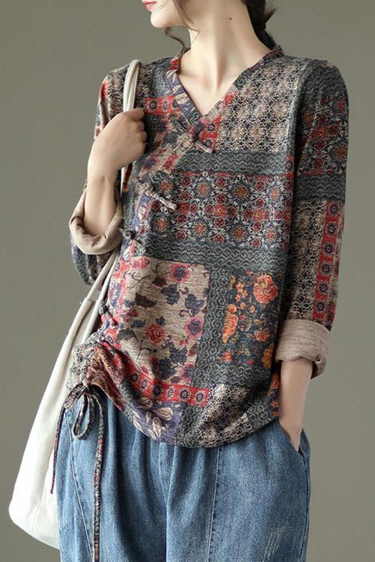 Retro Drawstring Print Cotton Blouse