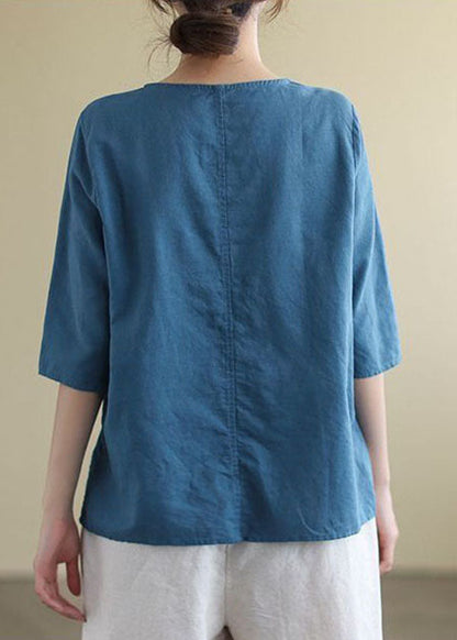 French Navy O-neck Embroidered Cotton Blouses Half Sleeve