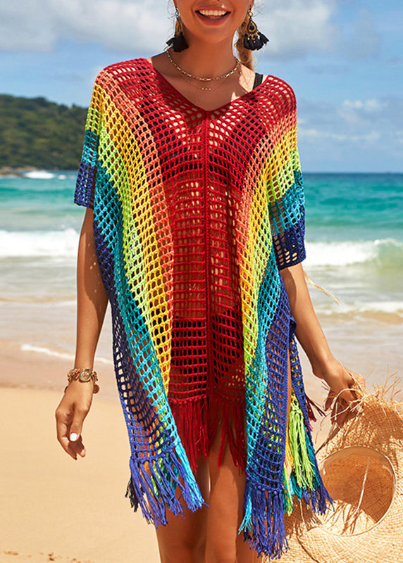 Loose Rainbow V-neck Hollow Out Knit Cover Up Swimwear