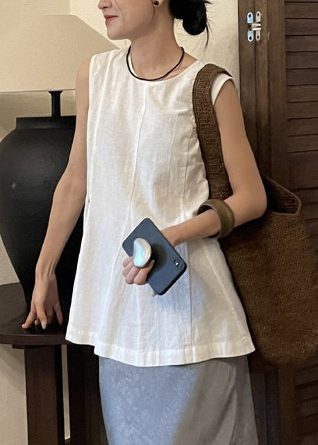 White O-neck Wrinkled Linen a Line Tops Sleeveless
