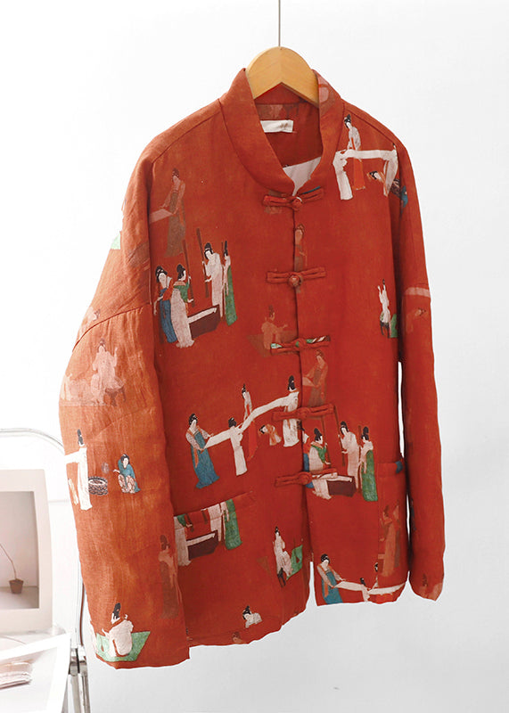Orange Print Pockets Fine Cotton Filled Oriental Coats Winter