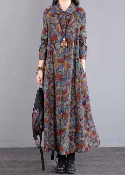 Red Print Peter Pan Collar Pockets Patchwork Cotton Dresses Fall