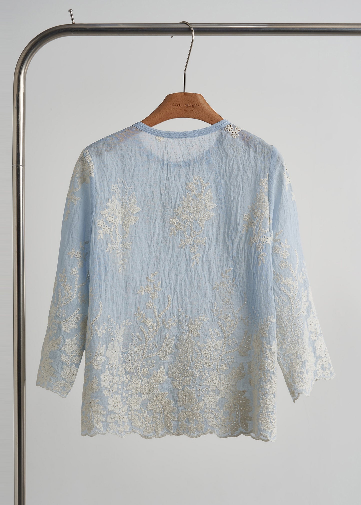 Sky Blue Embroidered Cotton Tops Fall