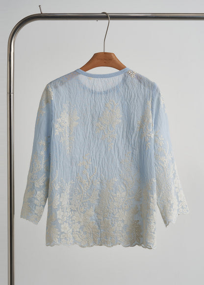 Sky Blue Embroidered Cotton Tops Fall