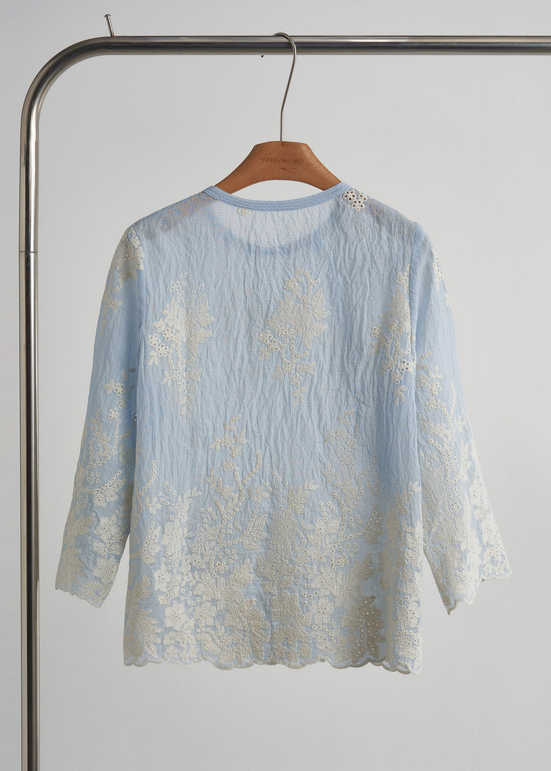 Sky Blue Embroidered Cotton Tops Fall