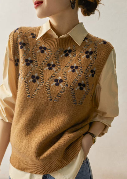 Camel O Neck Jacquard Woolen Vest Sleeveless