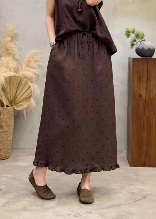 Boutique Coffee Dot Ruffled Pockets Patchwork Linen Skirts Summer