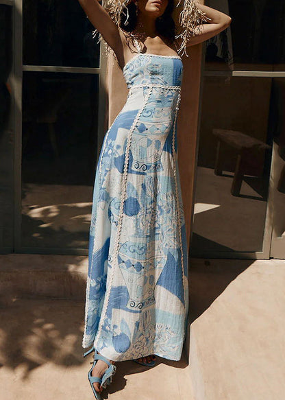 Blue Print Patchwork Long Spaghetti Strap Dress Summer