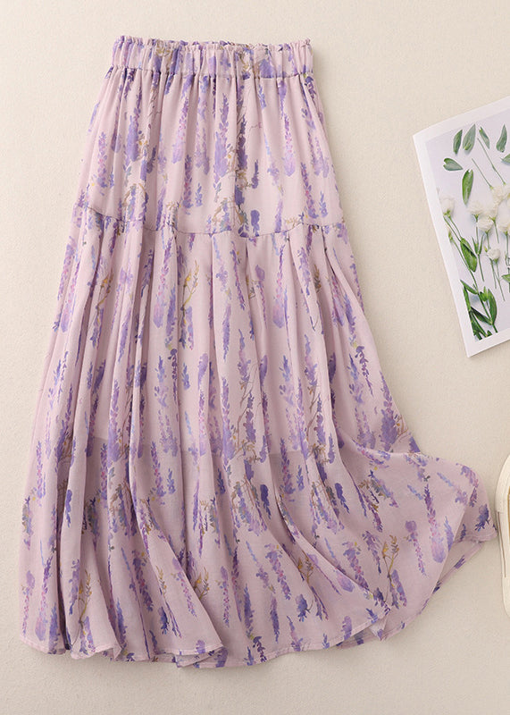 Purple Print Elastic Waist Cotton Skirt Summer
