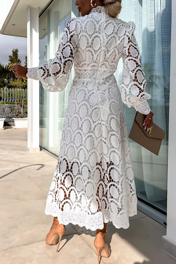 Romantic, Sensual and Crochet Lace Lantern Sleeve Party Midi Dress