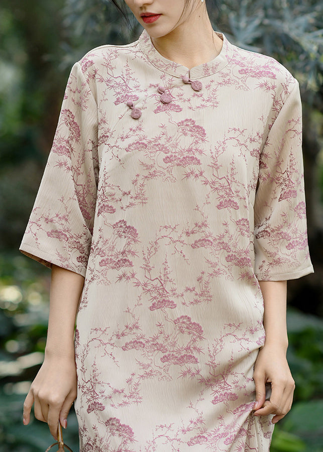 Chinese Style Green Stand Collar Jacquard Cotton Dresses Summer