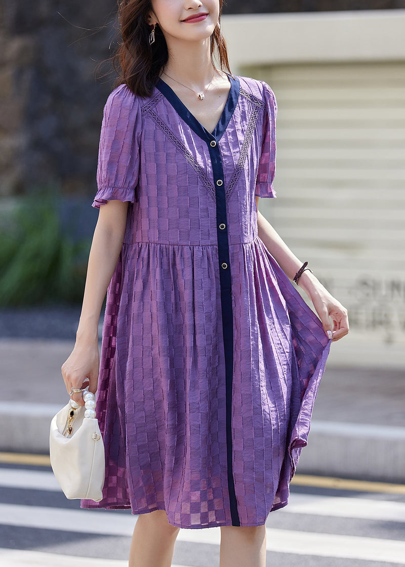 Purple V Neck Plaid Patchwork Cotton Dresses Summer