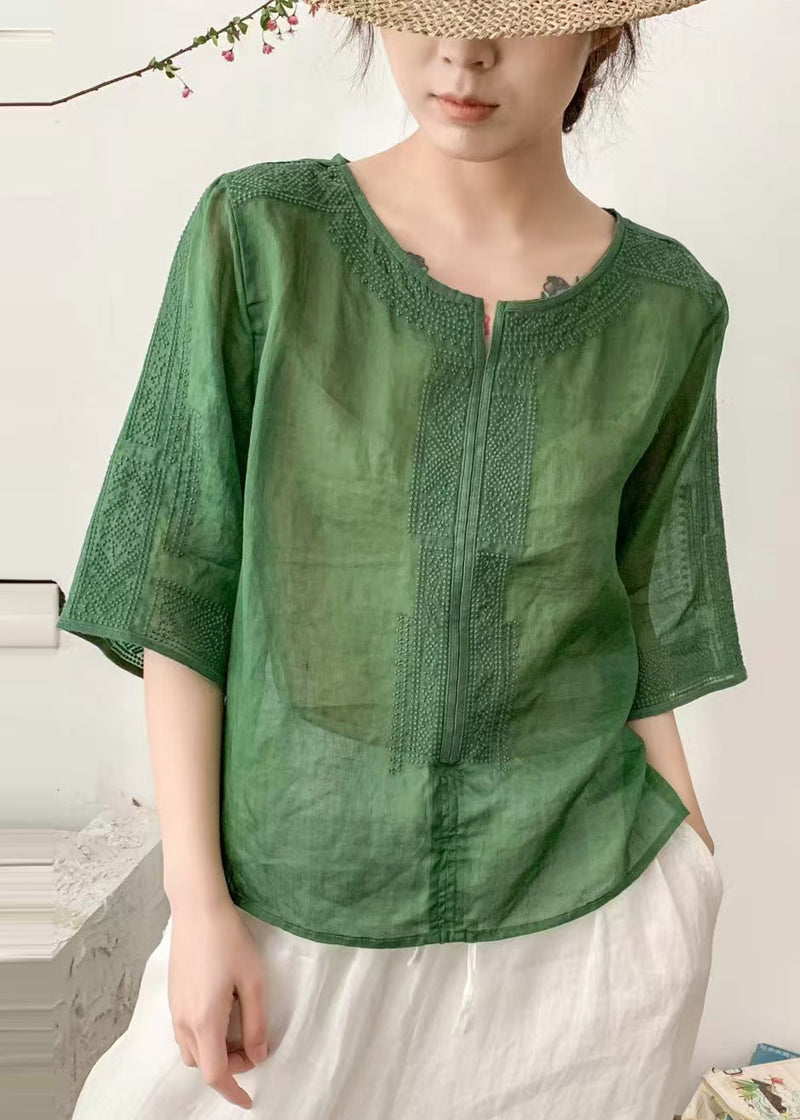 Grass Green Linen Shirts O-neck Embroidered Summer