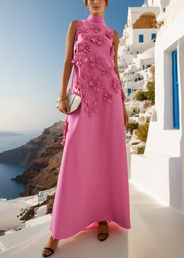 Pink Lace Up Pockets Cotton Long Dress Sleeveless