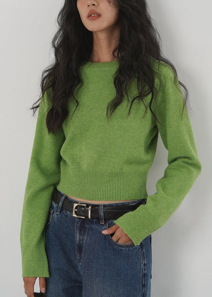 Green O Neck Knit Short Sweaters Tops Spring