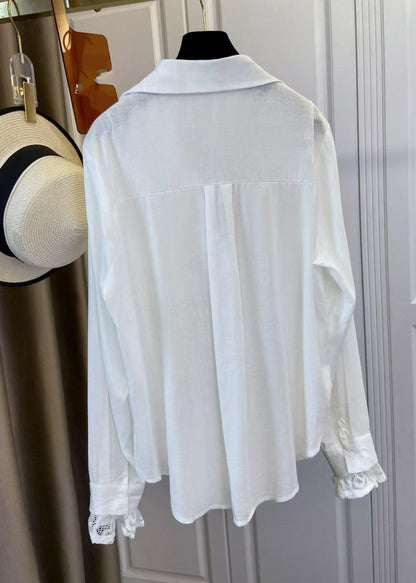 White V Neck Lace Patchwork Shirts Spring