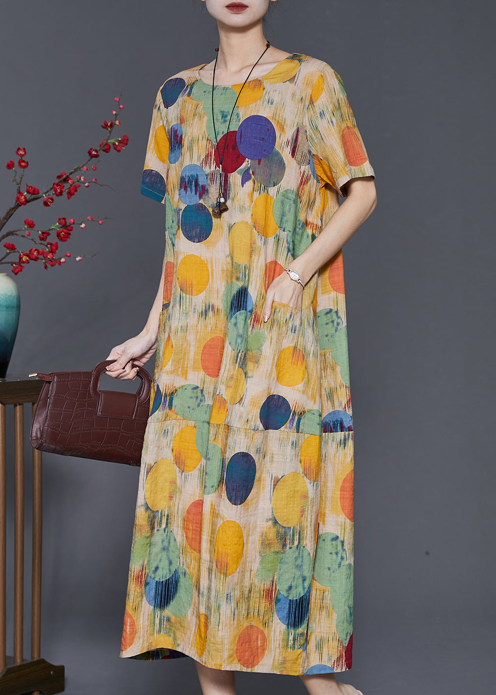 Yellow O-neck Print Cotton Long Dresses Summer