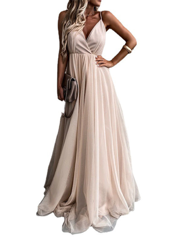 V Neck Wrinkled Tulle Spaghetti Strap Dress Summer