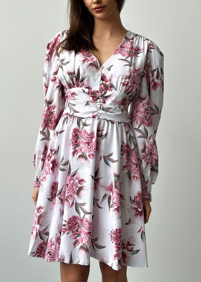 French V Neck Print Wrinkled Chiffon Mid Dresses Spring